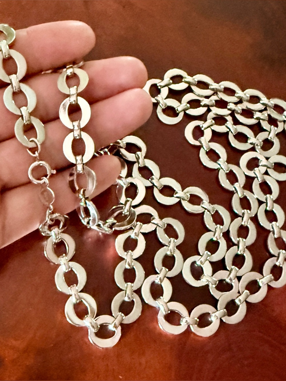 Vintage Accessocraft Mid-Century Circle Link Necklace; Silver Tone; 38”